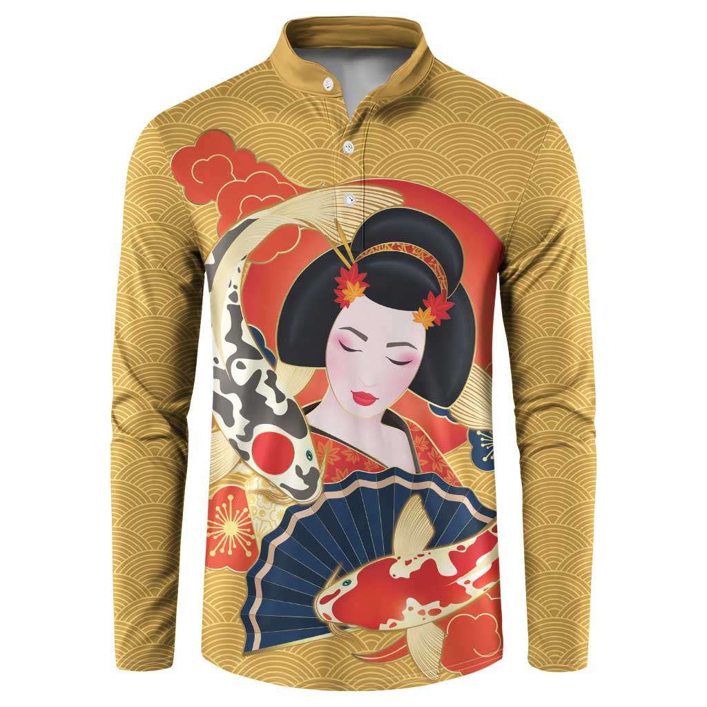 Japanese Geisha Koi Fish Button Sweatshirt Cherry Blossoms Yellow Seigaiha Pattern LT14 Yellow - Polynesian Pride