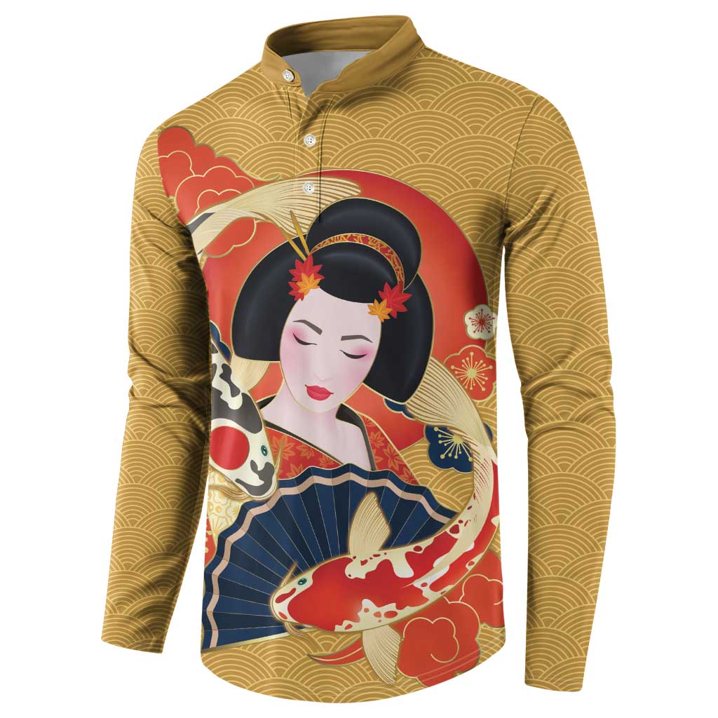 Japanese Geisha Koi Fish Button Sweatshirt Cherry Blossoms Yellow Seigaiha Pattern LT14 - Polynesian Pride