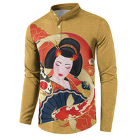 Japanese Geisha Koi Fish Button Sweatshirt Cherry Blossoms Yellow Seigaiha Pattern LT14 - Polynesian Pride