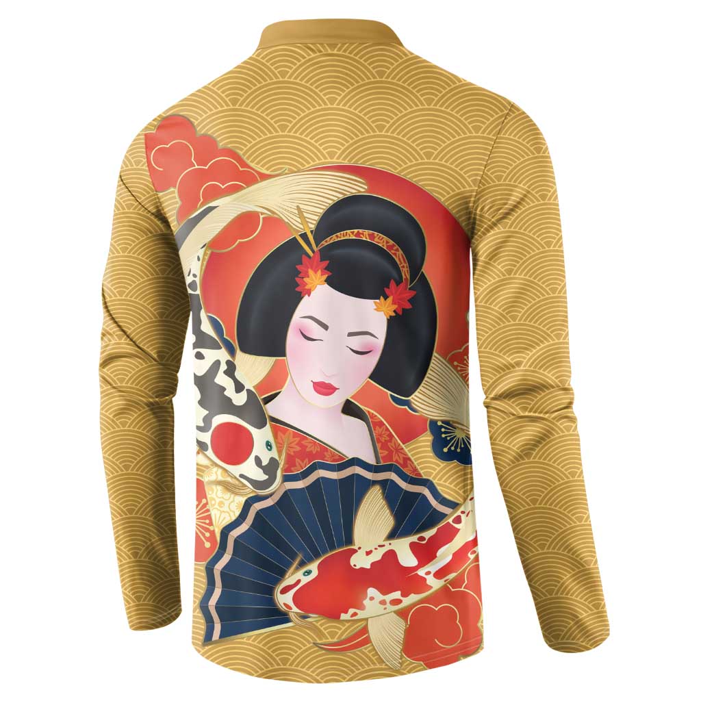 Japanese Geisha Koi Fish Button Sweatshirt Cherry Blossoms Yellow Seigaiha Pattern LT14 - Polynesian Pride