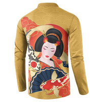 Japanese Geisha Koi Fish Button Sweatshirt Cherry Blossoms Yellow Seigaiha Pattern LT14 - Polynesian Pride