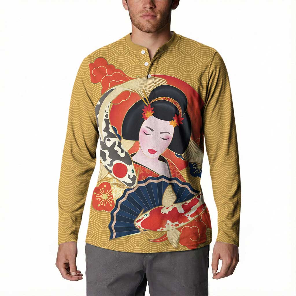 Japanese Geisha Koi Fish Button Sweatshirt Cherry Blossoms Yellow Seigaiha Pattern LT14 - Polynesian Pride