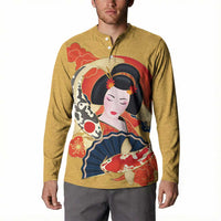 Japanese Geisha Koi Fish Button Sweatshirt Cherry Blossoms Yellow Seigaiha Pattern LT14 - Polynesian Pride