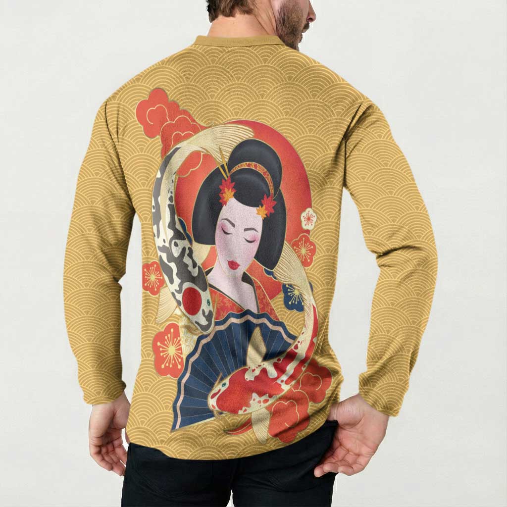Japanese Geisha Koi Fish Button Sweatshirt Cherry Blossoms Yellow Seigaiha Pattern LT14 - Polynesian Pride