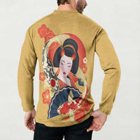 Japanese Geisha Koi Fish Button Sweatshirt Cherry Blossoms Yellow Seigaiha Pattern LT14 - Polynesian Pride