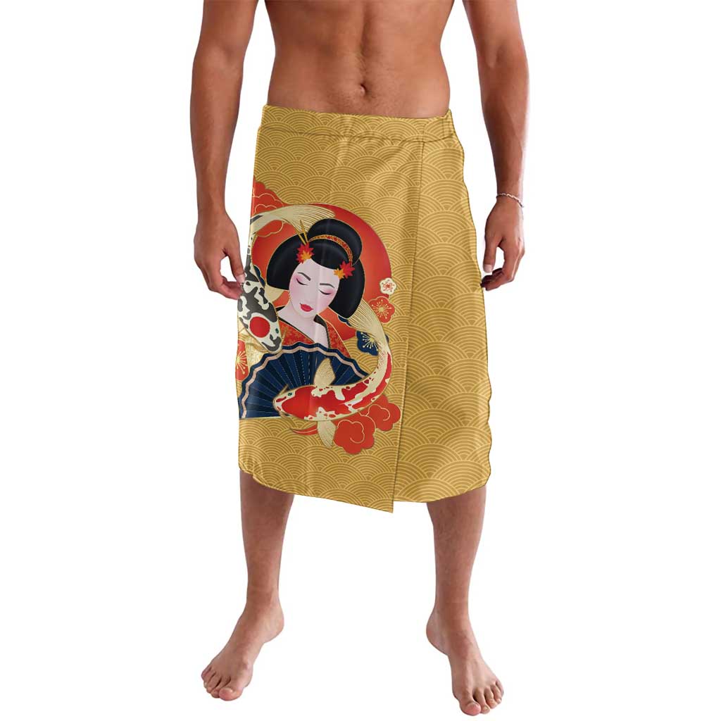 Japanese Geisha Koi Fish Lavalava Cherry Blossoms Yellow Seigaiha Pattern LT14 Yellow - Polynesian Pride