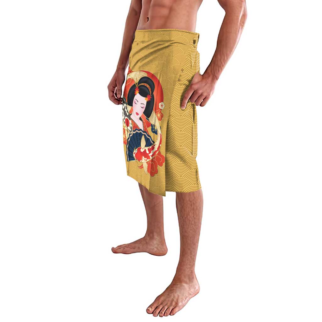 Japanese Geisha Koi Fish Lavalava Cherry Blossoms Yellow Seigaiha Pattern LT14 - Polynesian Pride