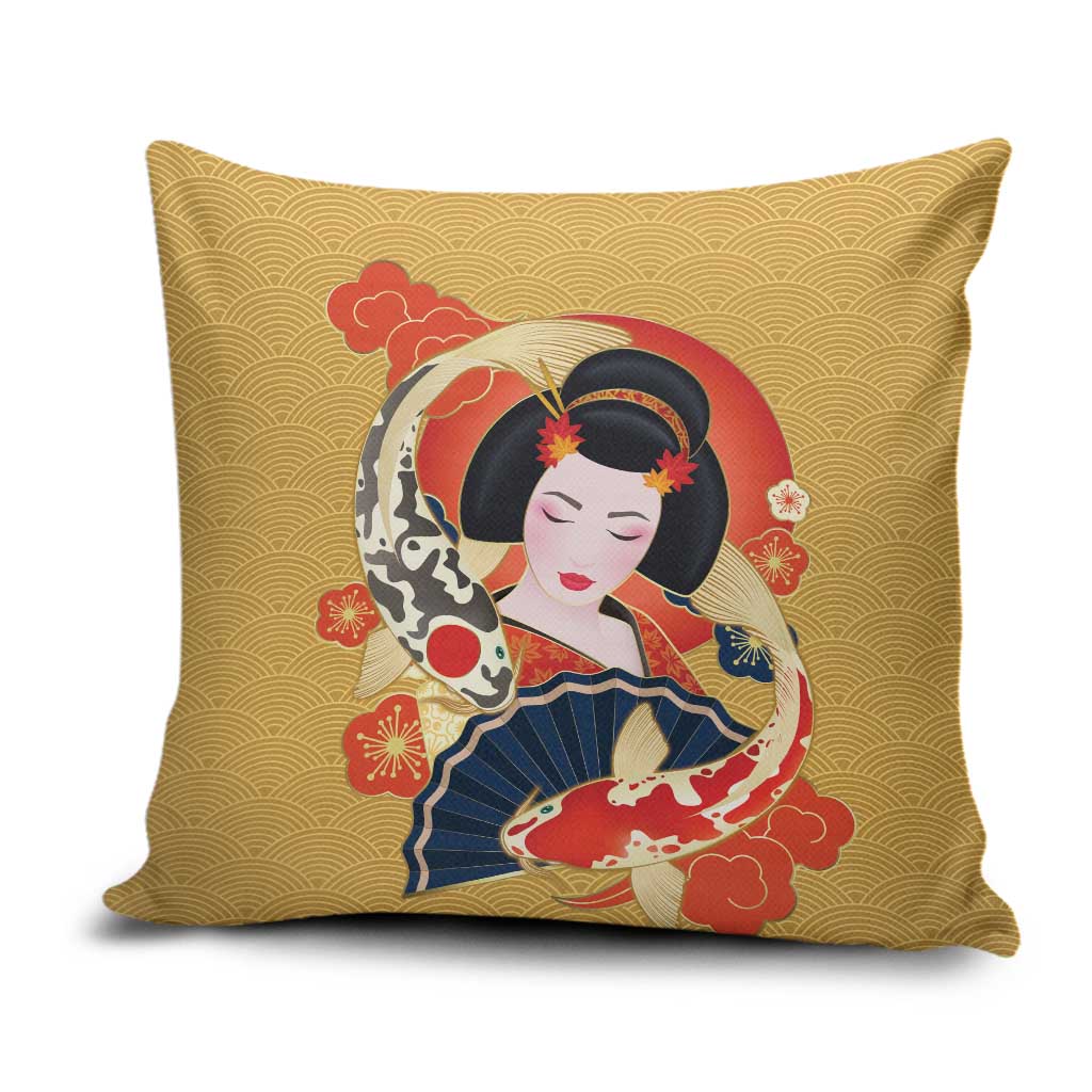 Japanese Geisha Koi Fish Pillow Cover Cherry Blossoms Yellow Seigaiha Pattern LT14 Yellow - Polynesian Pride