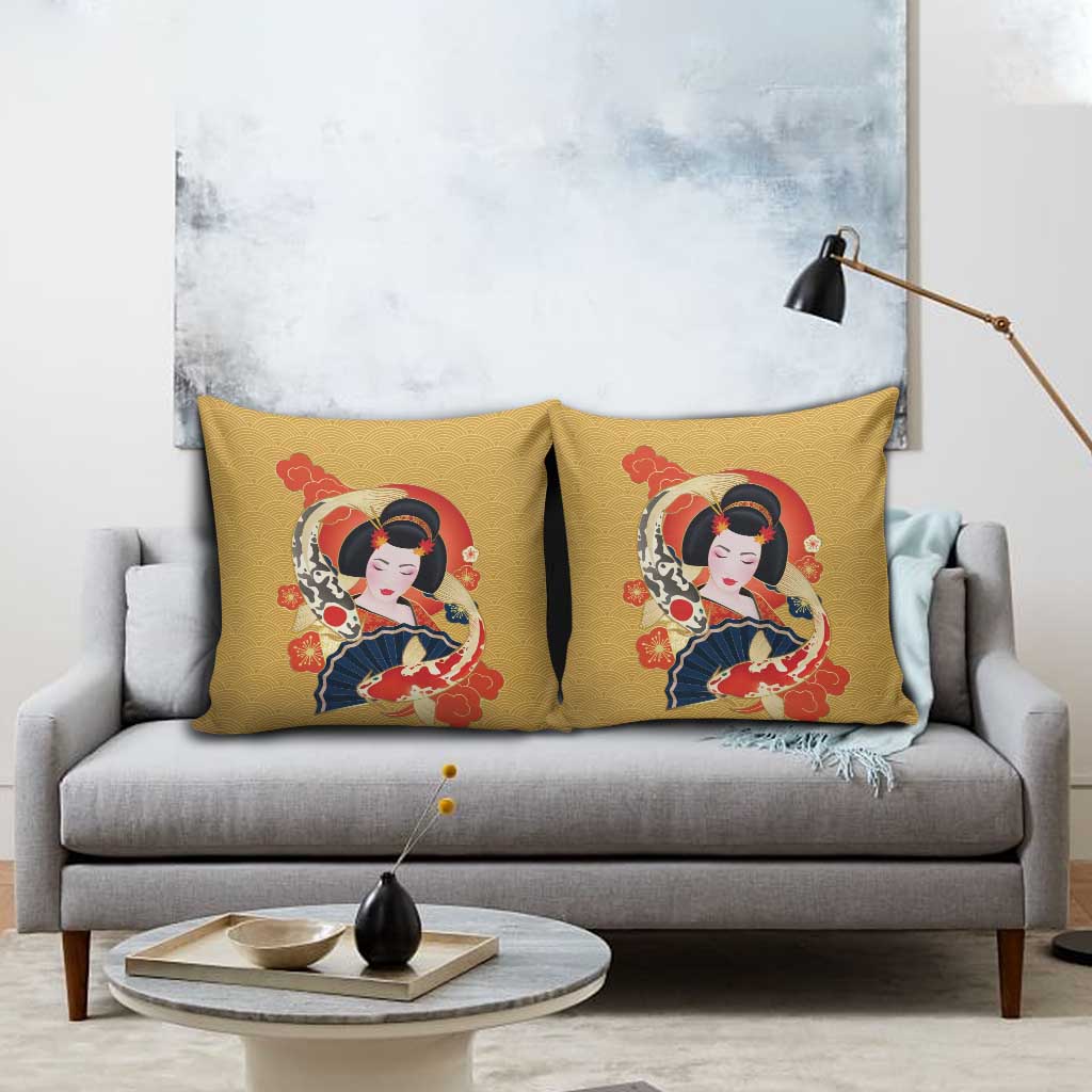 Japanese Geisha Koi Fish Pillow Cover Cherry Blossoms Yellow Seigaiha Pattern LT14 - Polynesian Pride