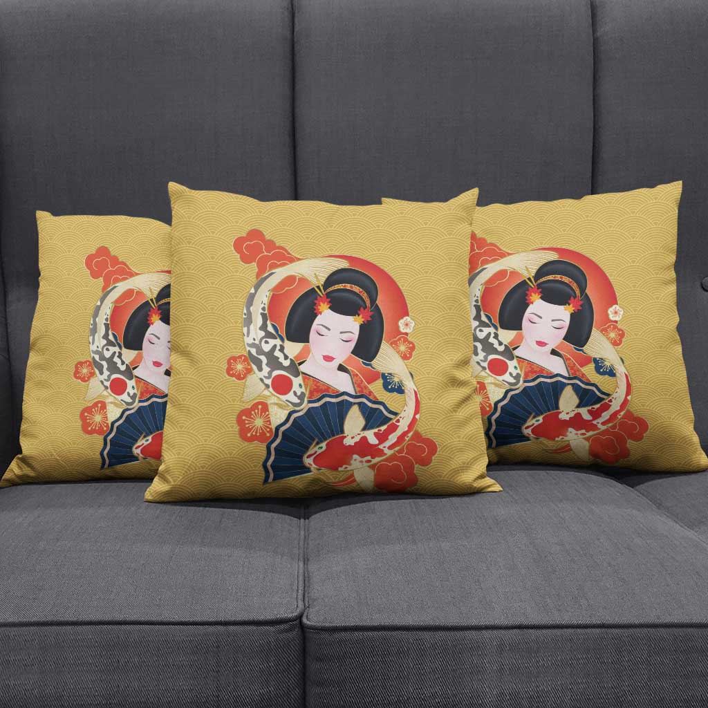 Japanese Geisha Koi Fish Pillow Cover Cherry Blossoms Yellow Seigaiha Pattern LT14 - Polynesian Pride
