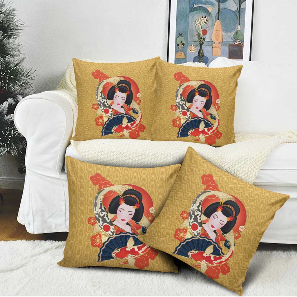 Japanese Geisha Koi Fish Pillow Cover Cherry Blossoms Yellow Seigaiha Pattern LT14 - Polynesian Pride