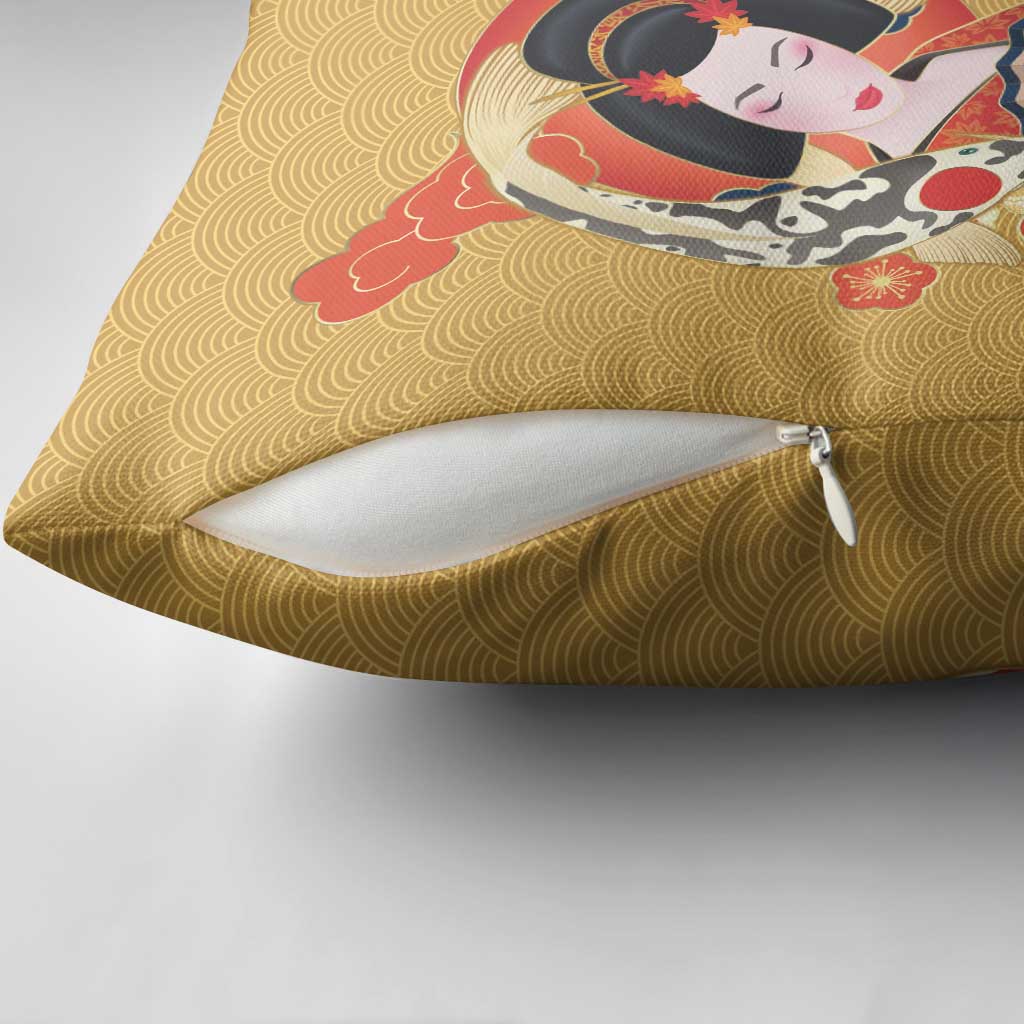 Japanese Geisha Koi Fish Pillow Cover Cherry Blossoms Yellow Seigaiha Pattern LT14 - Polynesian Pride