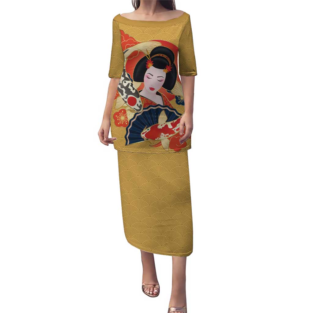 Japanese Geisha Koi Fish Puletasi Cherry Blossoms Yellow Seigaiha Pattern LT14 Long Dress Yellow - Polynesian Pride