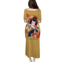 Japanese Geisha Koi Fish Puletasi Cherry Blossoms Yellow Seigaiha Pattern LT14 - Polynesian Pride