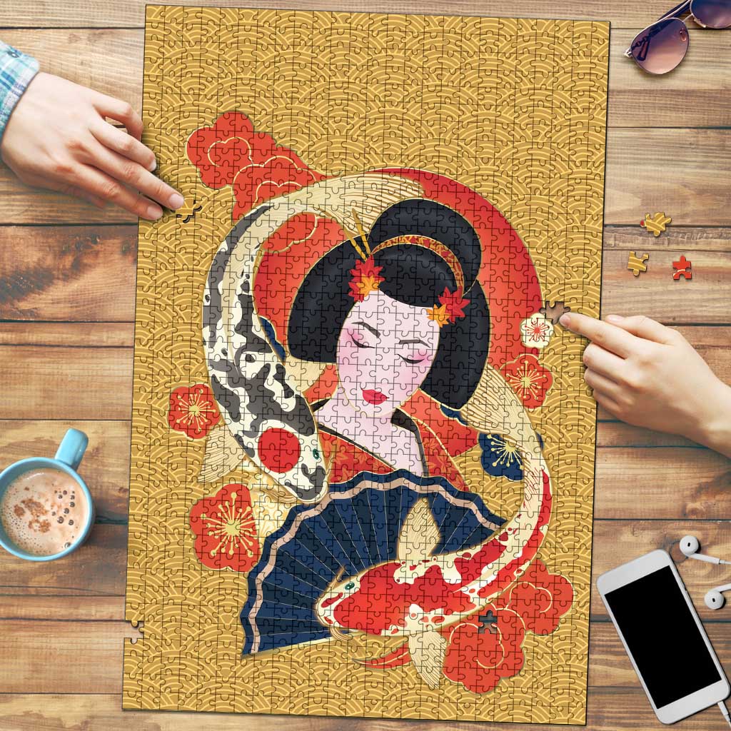Japanese Geisha Koi Fish Puzzle Cherry Blossoms Yellow Seigaiha Pattern LT14 Yellow - Polynesian Pride