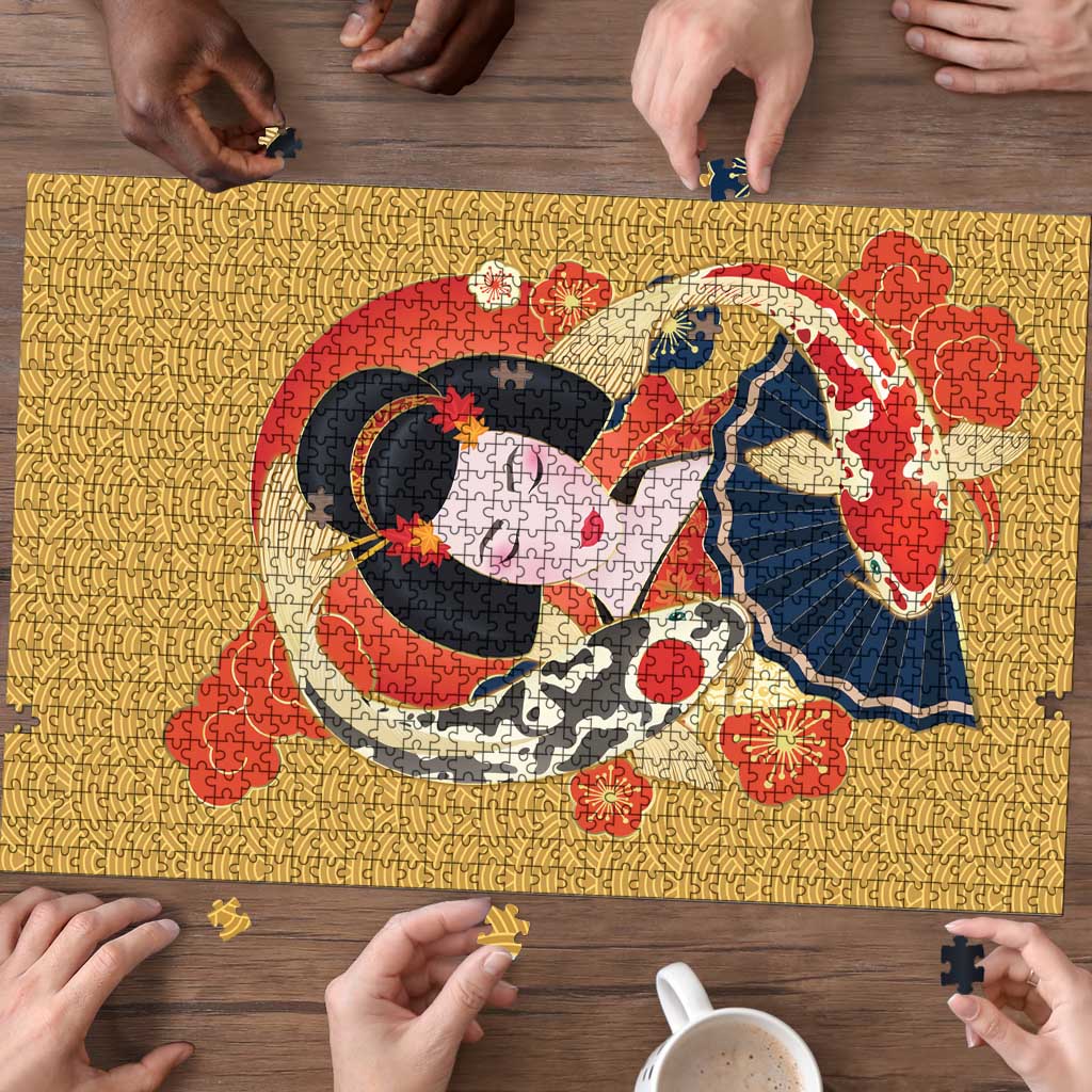 Japanese Geisha Koi Fish Puzzle Cherry Blossoms Yellow Seigaiha Pattern LT14 - Polynesian Pride
