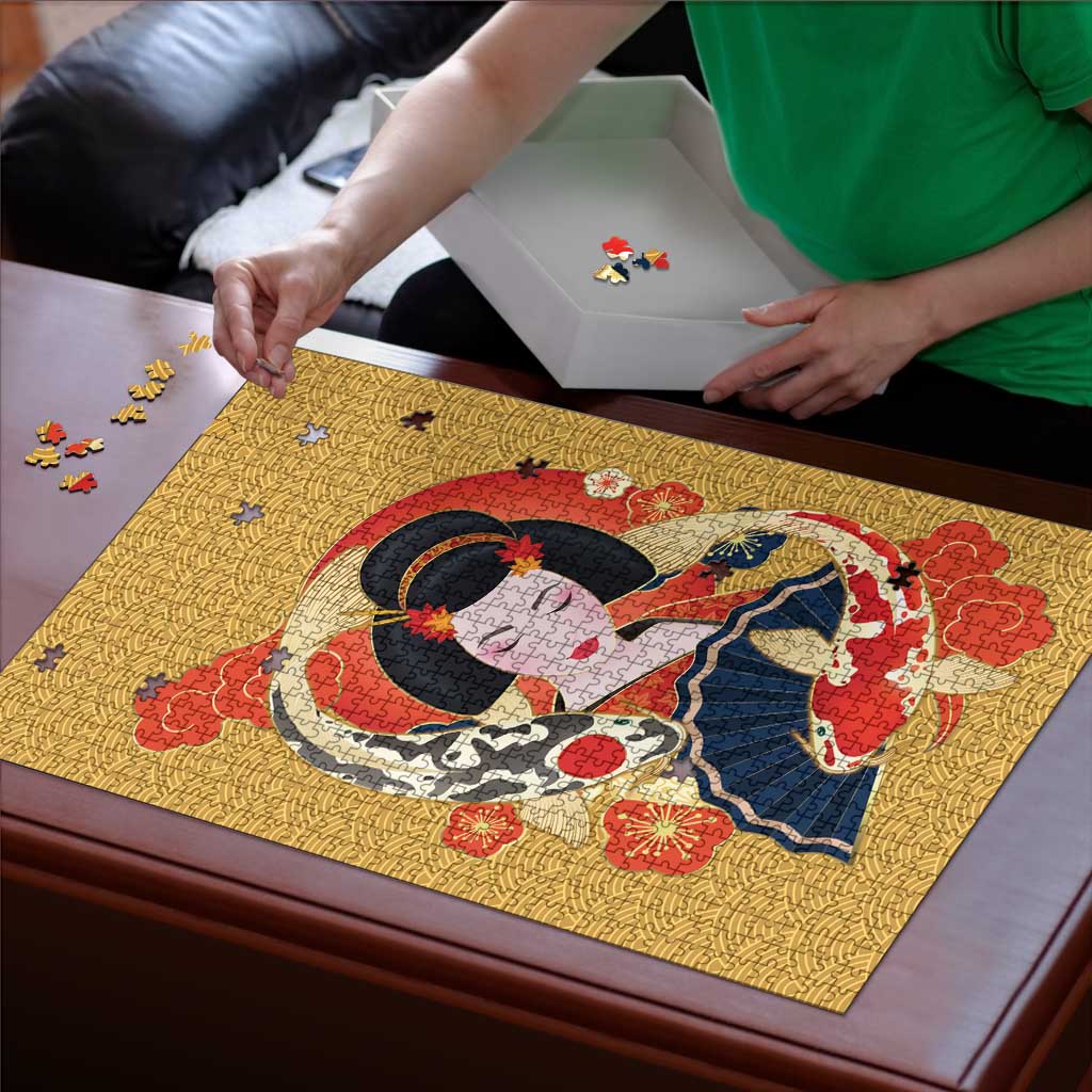 Japanese Geisha Koi Fish Puzzle Cherry Blossoms Yellow Seigaiha Pattern LT14 - Polynesian Pride