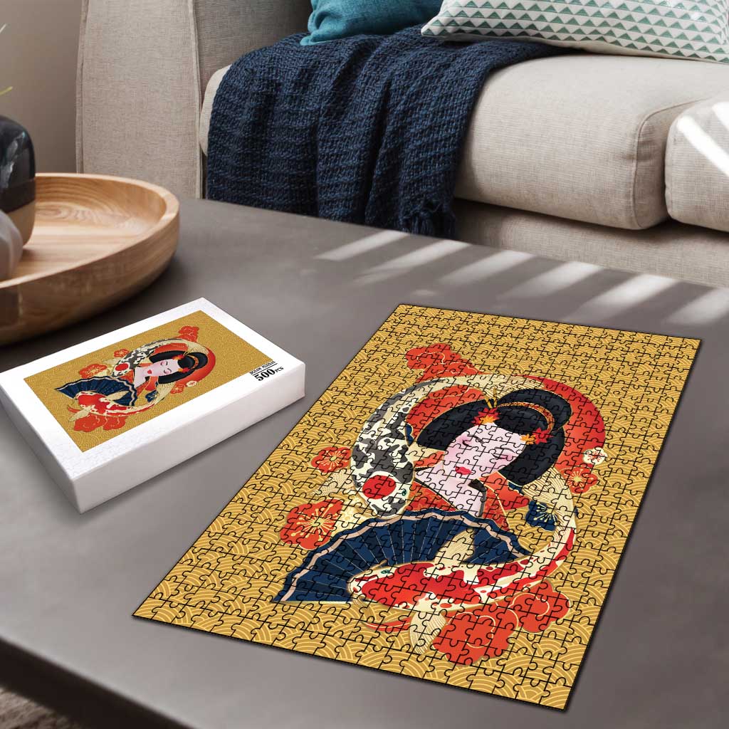 Japanese Geisha Koi Fish Puzzle Cherry Blossoms Yellow Seigaiha Pattern LT14 - Polynesian Pride