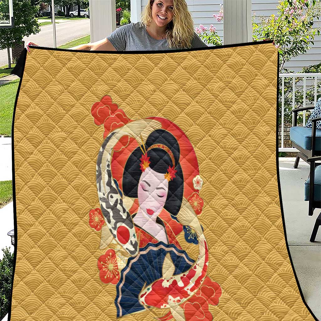Japanese Geisha Koi Fish Quilt Cherry Blossoms Yellow Seigaiha Pattern LT14 Yellow - Polynesian Pride