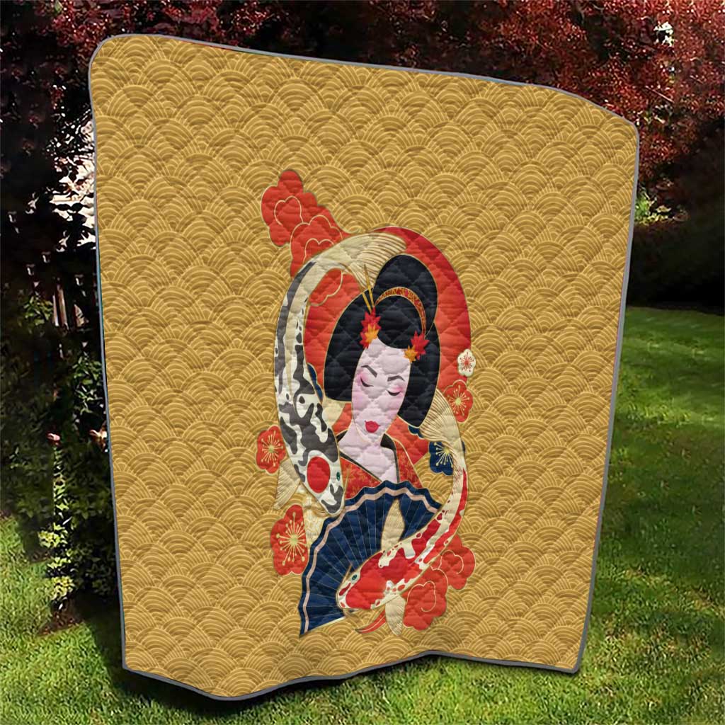 Japanese Geisha Koi Fish Quilt Cherry Blossoms Yellow Seigaiha Pattern LT14 - Polynesian Pride