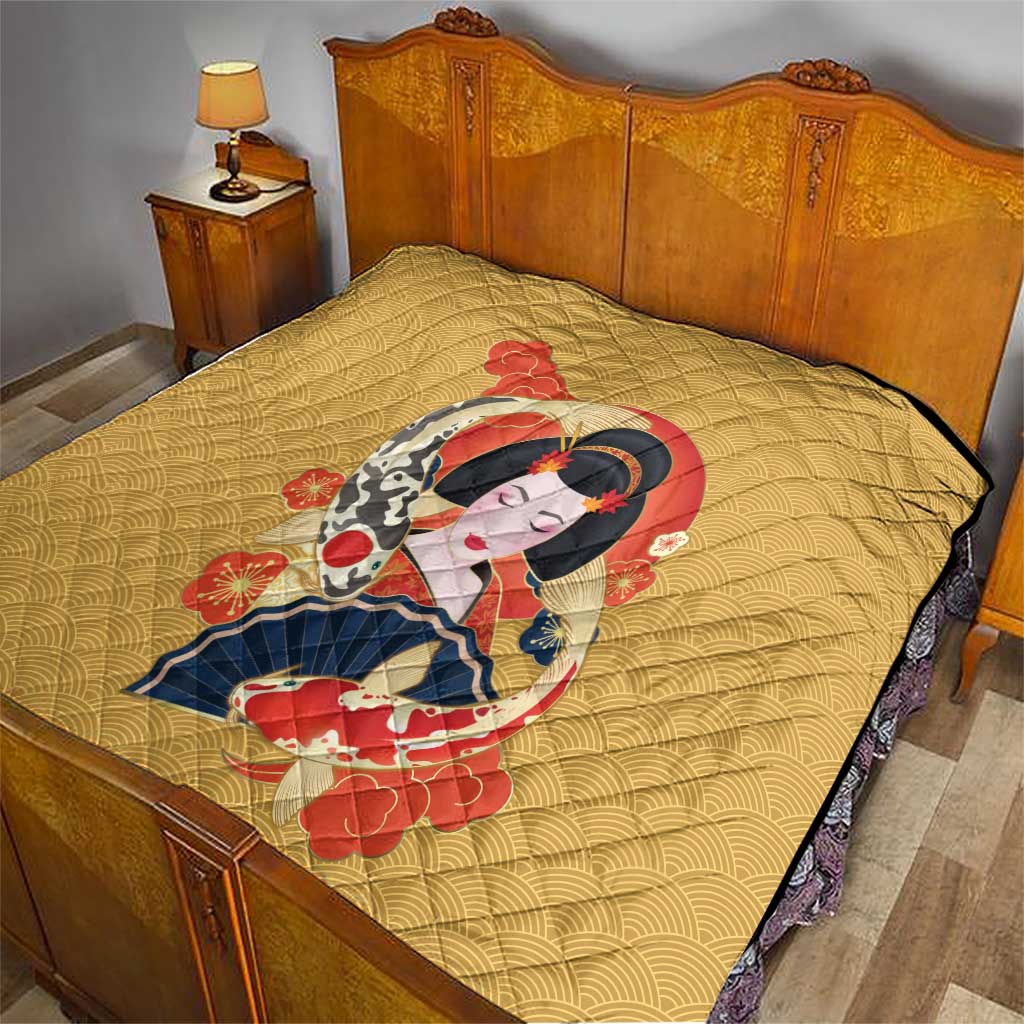 Japanese Geisha Koi Fish Quilt Cherry Blossoms Yellow Seigaiha Pattern LT14 - Polynesian Pride