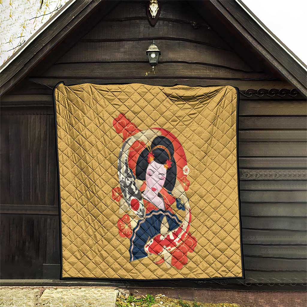 Japanese Geisha Koi Fish Quilt Cherry Blossoms Yellow Seigaiha Pattern LT14 - Polynesian Pride