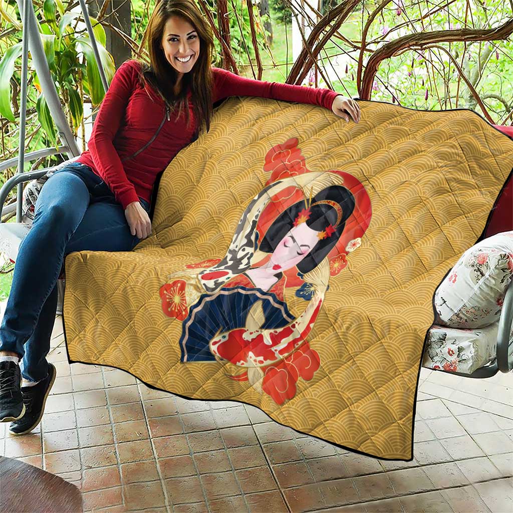 Japanese Geisha Koi Fish Quilt Cherry Blossoms Yellow Seigaiha Pattern LT14 - Polynesian Pride
