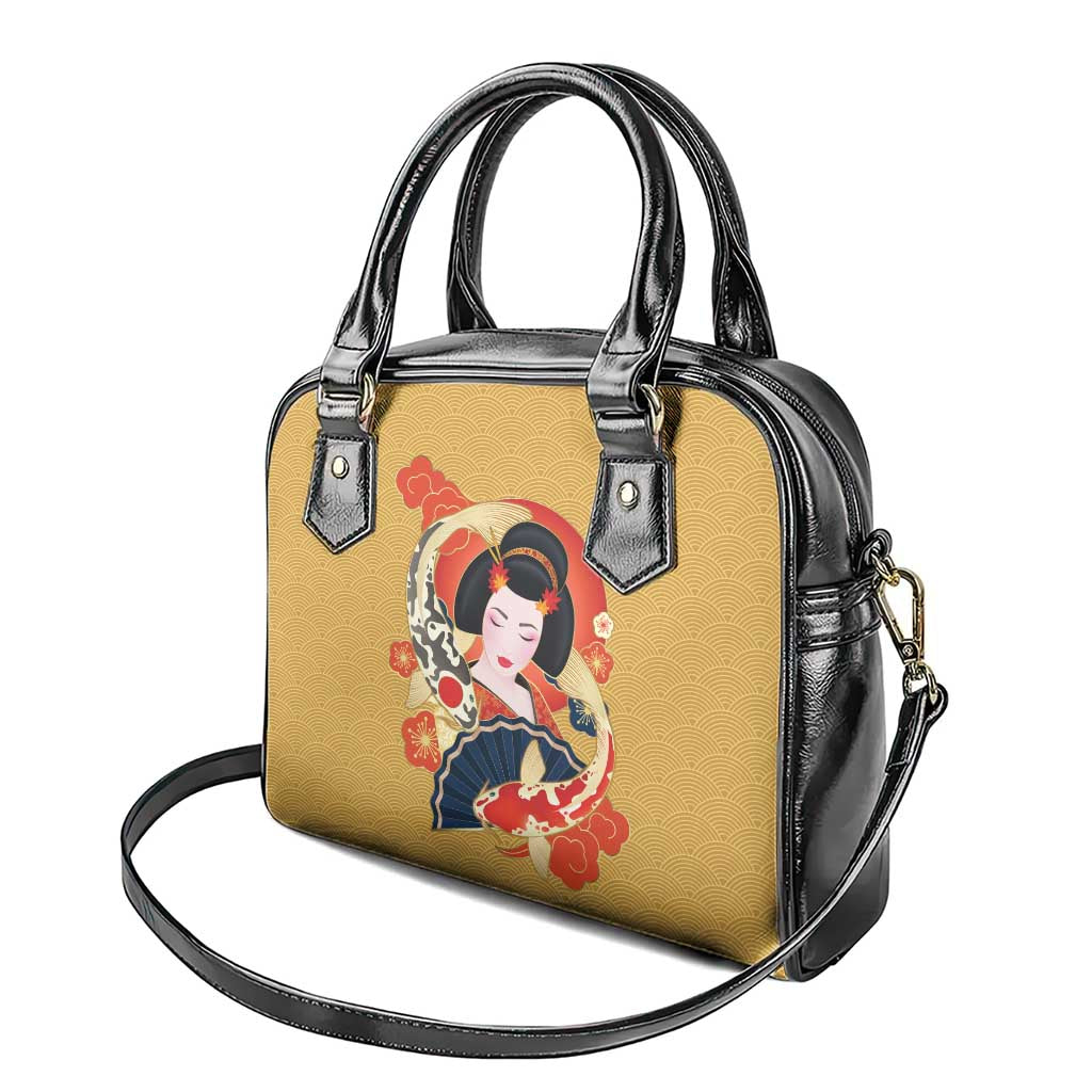 Japanese Geisha Koi Fish Shoulder Handbag Cherry Blossoms Yellow Seigaiha Pattern LT14 - Polynesian Pride