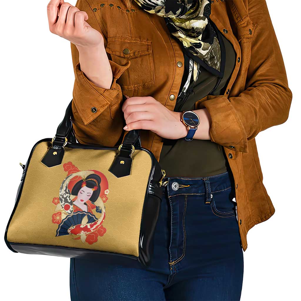 Japanese Geisha Koi Fish Shoulder Handbag Cherry Blossoms Yellow Seigaiha Pattern LT14 - Polynesian Pride