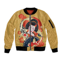 Japanese Geisha Koi Fish Sleeve Zip Bomber Jacket Cherry Blossoms Yellow Seigaiha Pattern LT14 Unisex Yellow - Polynesian Pride