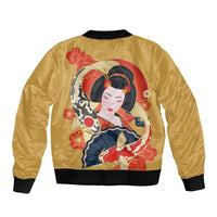 Japanese Geisha Koi Fish Sleeve Zip Bomber Jacket Cherry Blossoms Yellow Seigaiha Pattern LT14 - Polynesian Pride