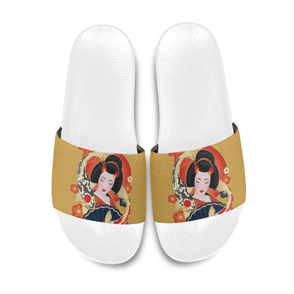 Japanese Geisha Koi Fish Slide Sandals Cherry Blossoms Yellow Seigaiha Pattern LT14 Yellow - Polynesian Pride