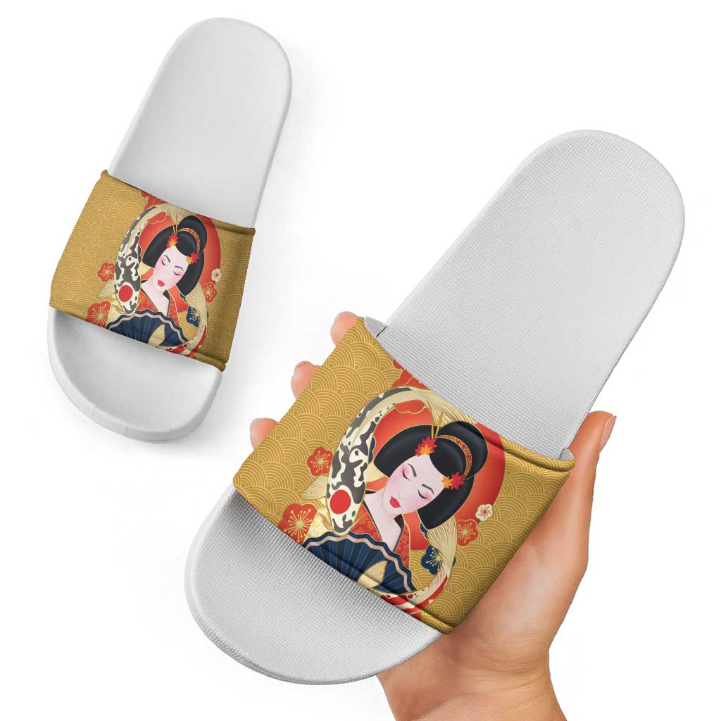 Japanese Geisha Koi Fish Slide Sandals Cherry Blossoms Yellow Seigaiha Pattern LT14 - Polynesian Pride