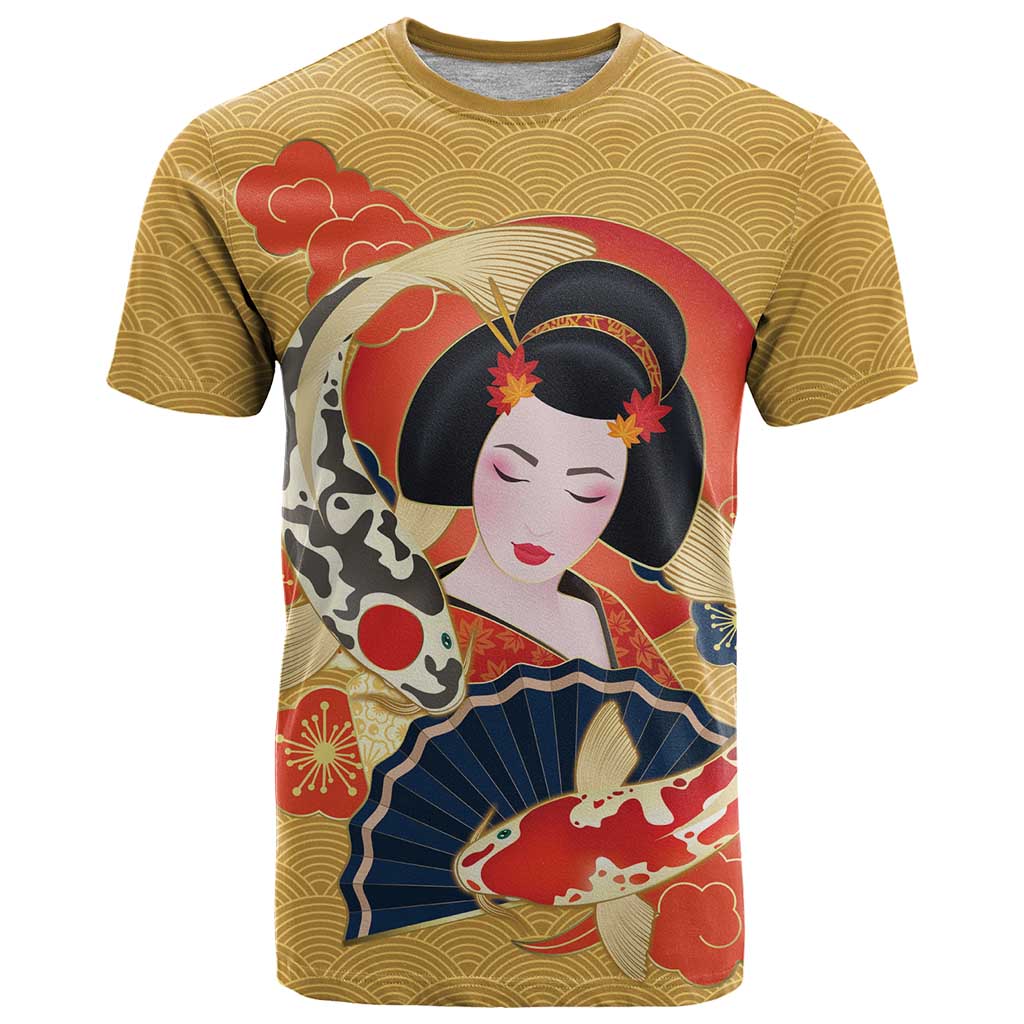 Japanese Geisha Koi Fish T Shirt Cherry Blossoms Yellow Seigaiha Pattern LT14 Yellow - Polynesian Pride