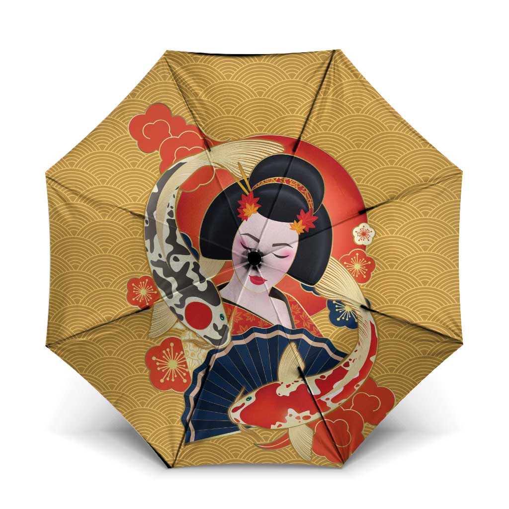Japanese Geisha Koi Fish Umbrella Cherry Blossoms Yellow Seigaiha Pattern LT14 One Size Folded 11.42 inch Opened Diameter 37.4 inch Yellow - Polynesian Pride
