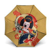 Japanese Geisha Koi Fish Umbrella Cherry Blossoms Yellow Seigaiha Pattern LT14 One Size Folded 11.42 inch Opened Diameter 37.4 inch Yellow - Polynesian Pride