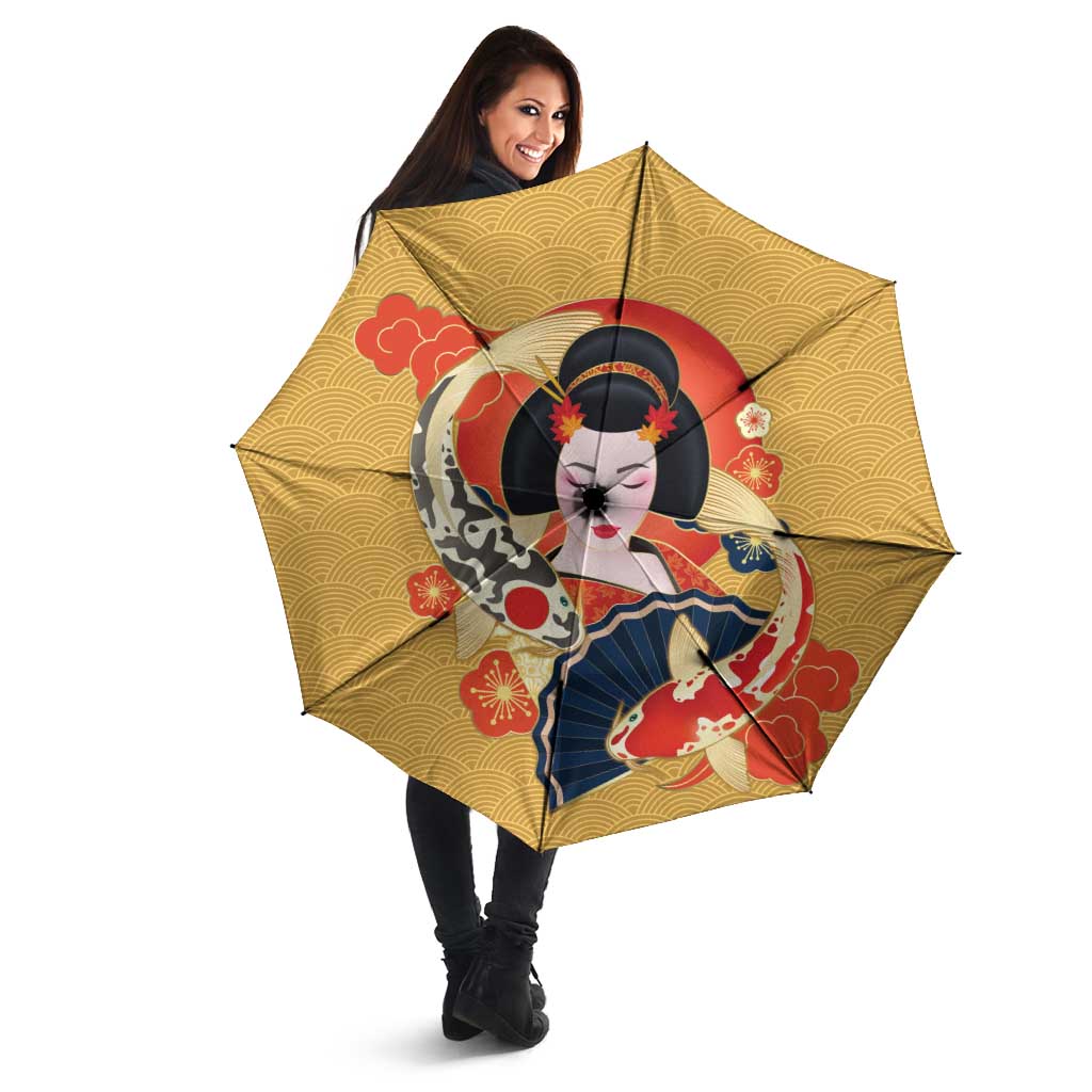 Japanese Geisha Koi Fish Umbrella Cherry Blossoms Yellow Seigaiha Pattern LT14 - Polynesian Pride
