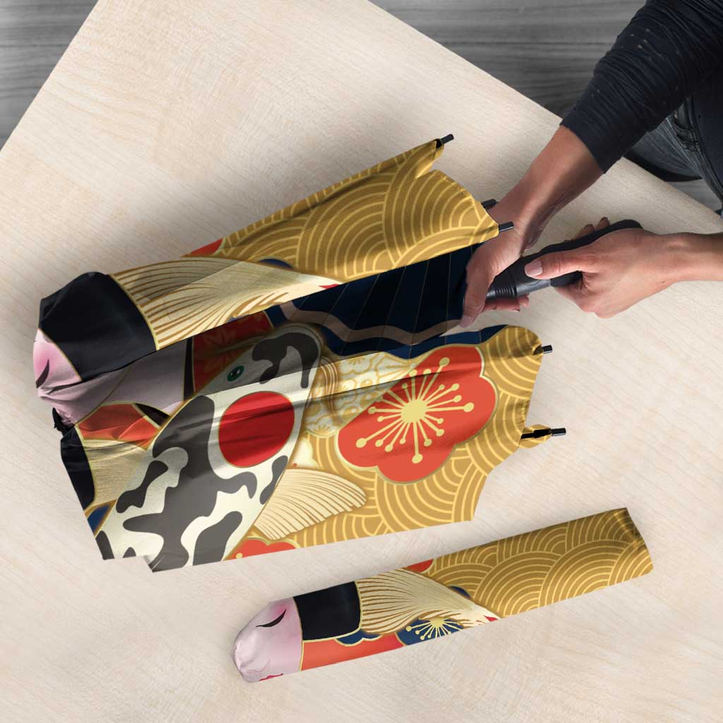Japanese Geisha Koi Fish Umbrella Cherry Blossoms Yellow Seigaiha Pattern LT14 - Polynesian Pride