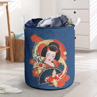 Japanese Geisha Koi Fish Laundry Basket Cherry Blossoms Blue Seigaiha Pattern LT14 Blue - Polynesian Pride