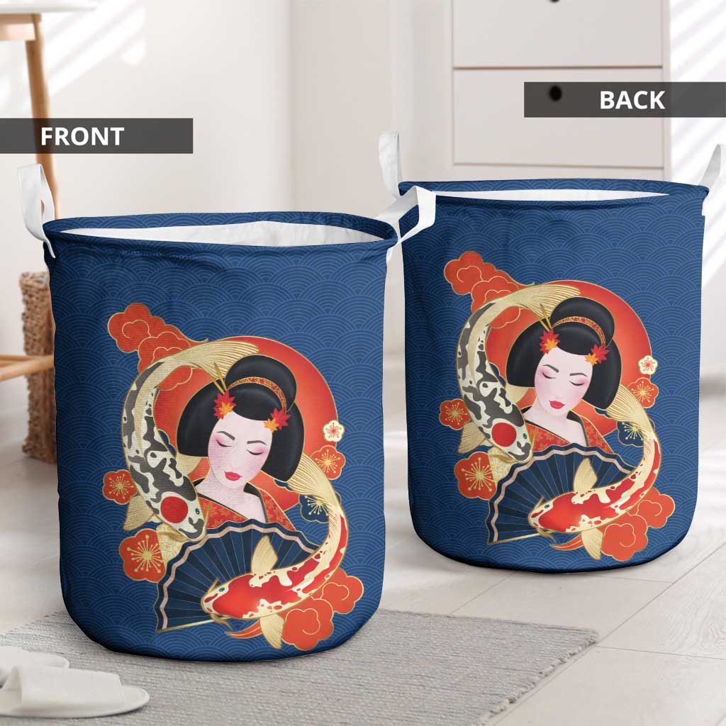 Japanese Geisha Koi Fish Laundry Basket Cherry Blossoms Blue Seigaiha Pattern LT14 - Polynesian Pride