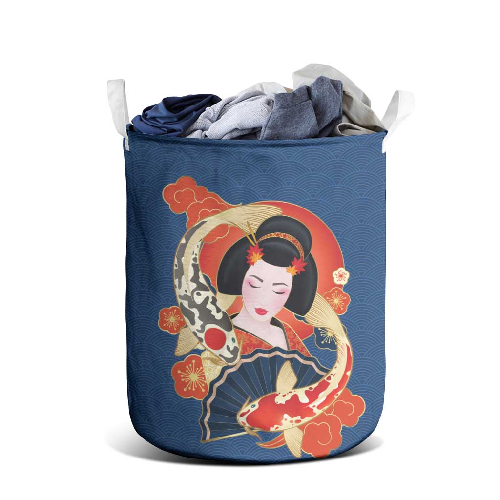 Japanese Geisha Koi Fish Laundry Basket Cherry Blossoms Blue Seigaiha Pattern LT14 - Polynesian Pride