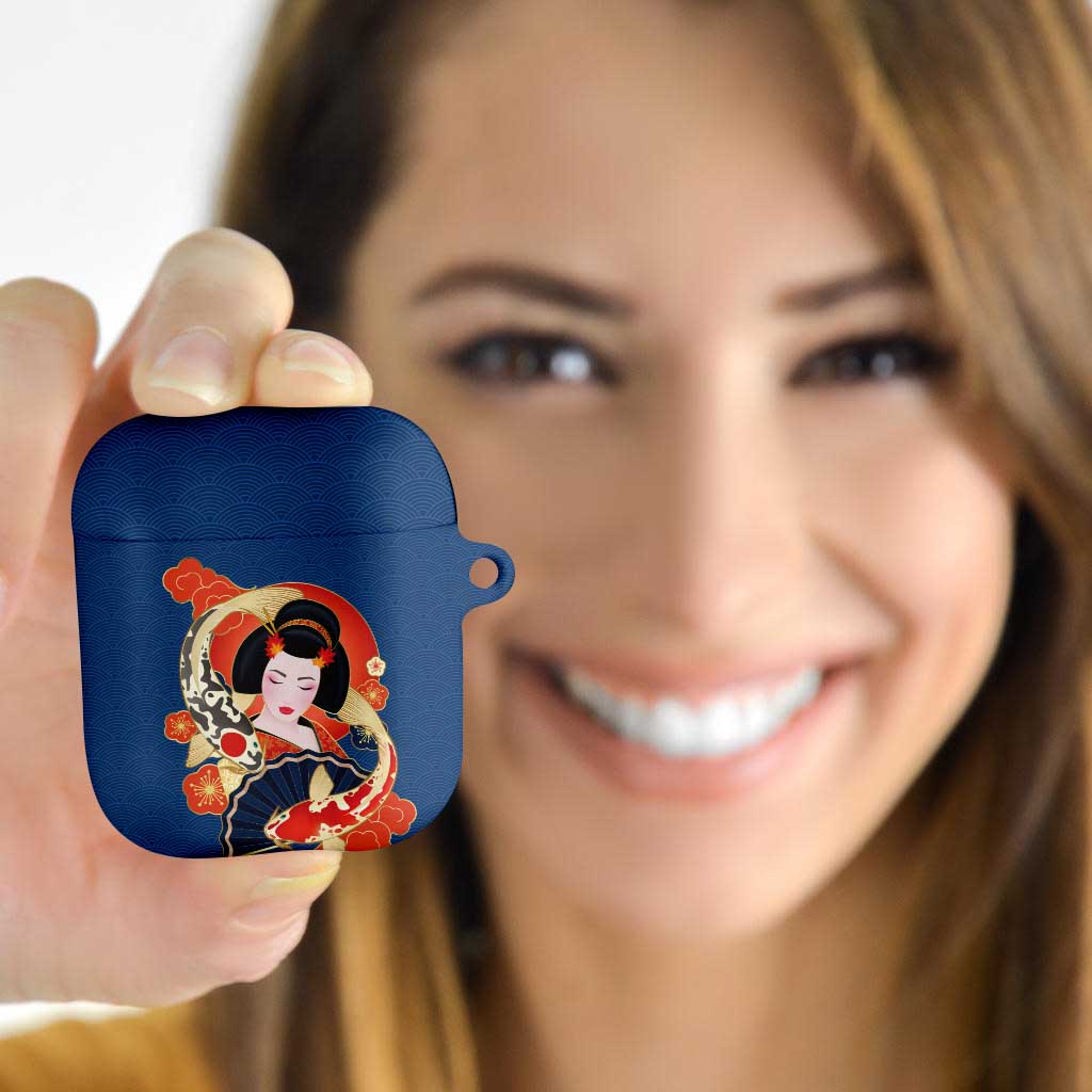 Japanese Geisha Koi Fish AirPods Case Cherry Blossoms Blue Seigaiha Pattern LT14 - Polynesian Pride