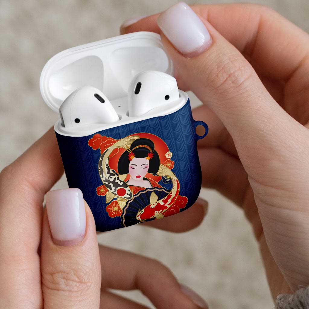 Japanese Geisha Koi Fish AirPods Case Cherry Blossoms Blue Seigaiha Pattern LT14 - Polynesian Pride