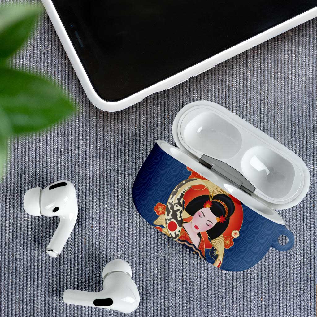Japanese Geisha Koi Fish AirPods Case Cherry Blossoms Blue Seigaiha Pattern LT14 - Polynesian Pride