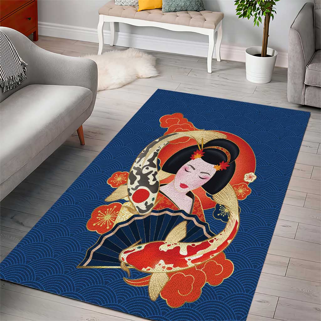 Japanese Geisha Koi Fish Area Rug Cherry Blossoms Blue Seigaiha Pattern LT14 - Polynesian Pride