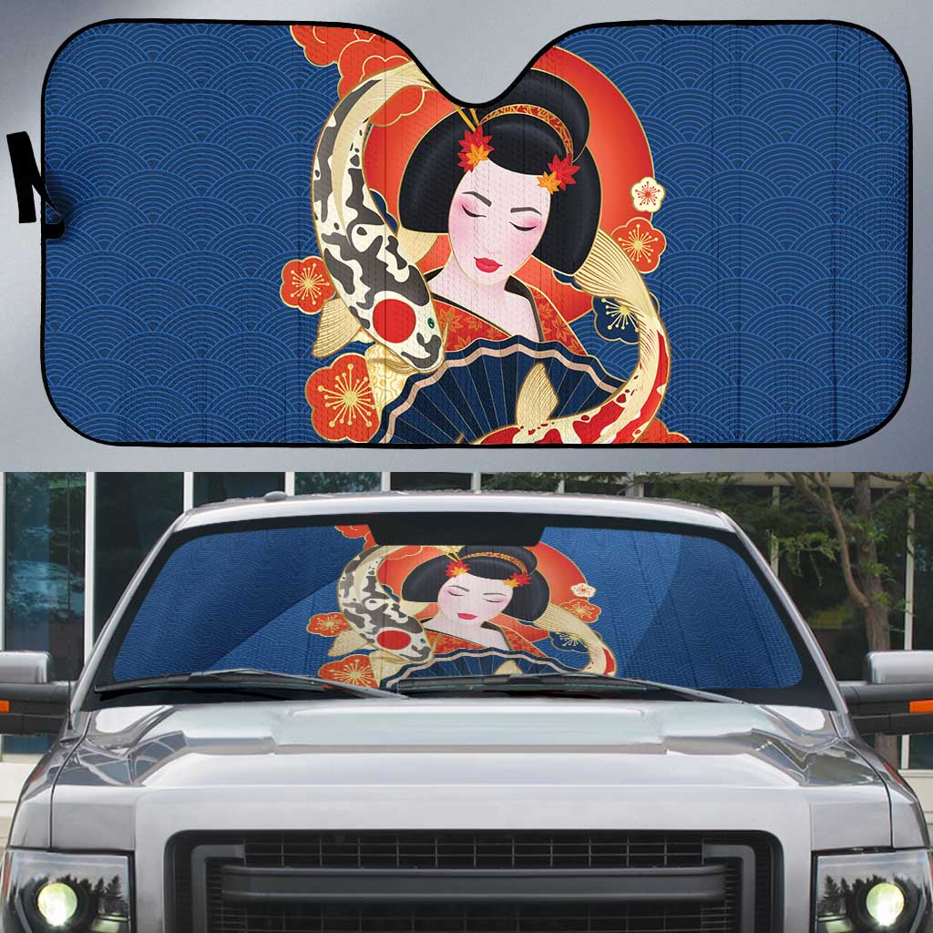 Japanese Geisha Koi Fish Auto Sun Shade Cherry Blossoms Blue Seigaiha Pattern LT14 Blue - Polynesian Pride