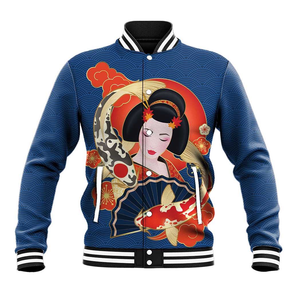 Japanese Geisha Koi Fish Baseball Jacket Cherry Blossoms Blue Seigaiha Pattern LT14 Unisex Blue - Polynesian Pride