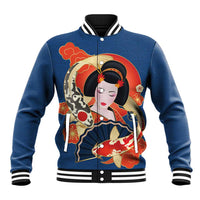 Japanese Geisha Koi Fish Baseball Jacket Cherry Blossoms Blue Seigaiha Pattern LT14 Unisex Blue - Polynesian Pride
