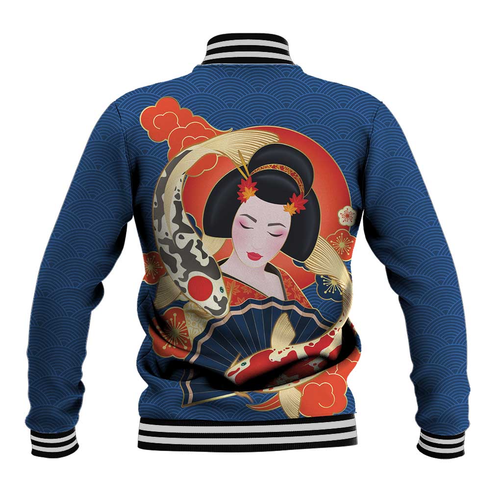 Japanese Geisha Koi Fish Baseball Jacket Cherry Blossoms Blue Seigaiha Pattern LT14 - Polynesian Pride