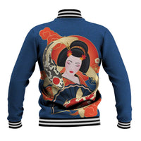 Japanese Geisha Koi Fish Baseball Jacket Cherry Blossoms Blue Seigaiha Pattern LT14 - Polynesian Pride